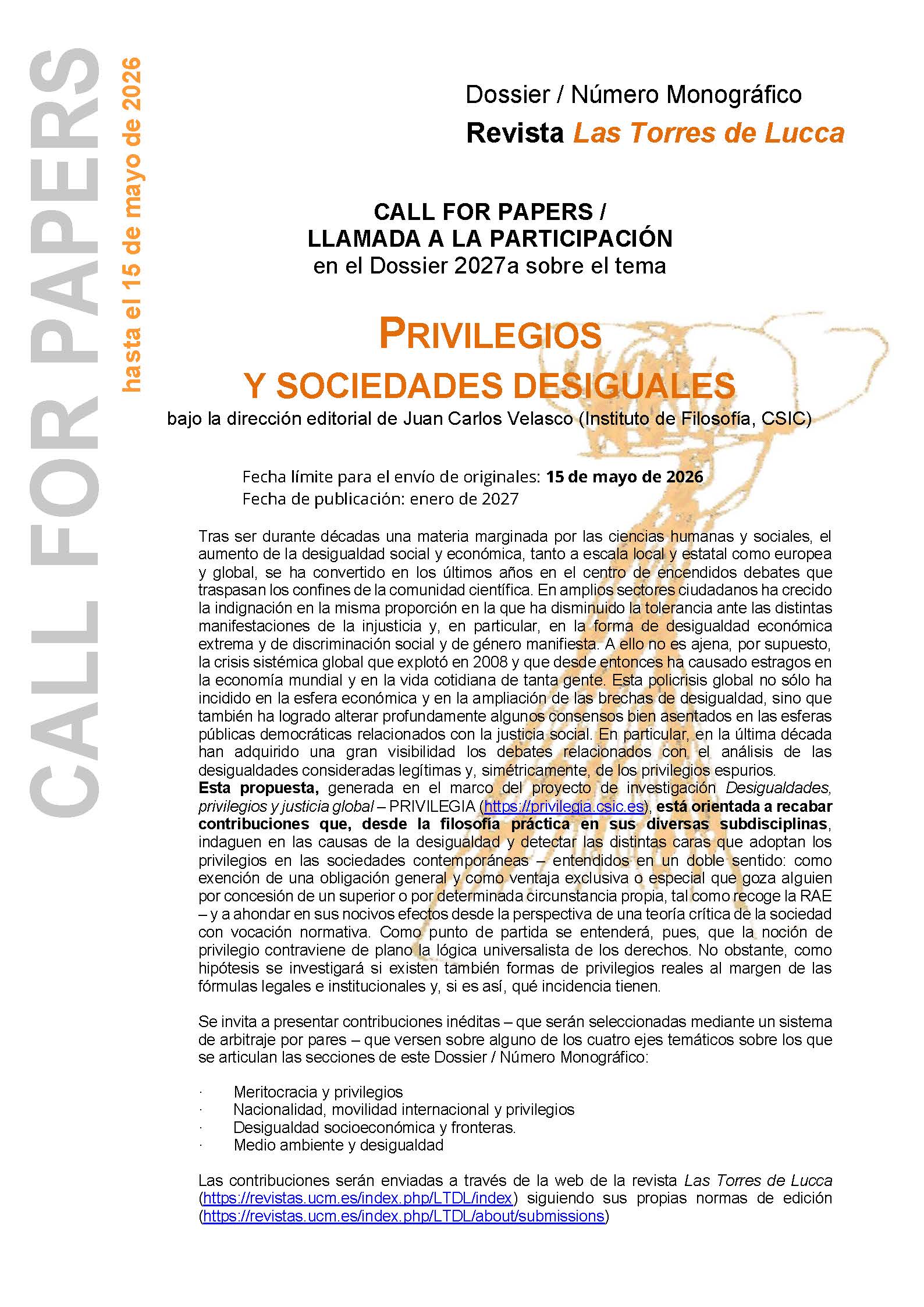 Call for Papers para un número monográfico sobre PRIVILEGIOS Y SOCIEDADES DESIGUALES que se editará en la revista Las Torres de Lucca.