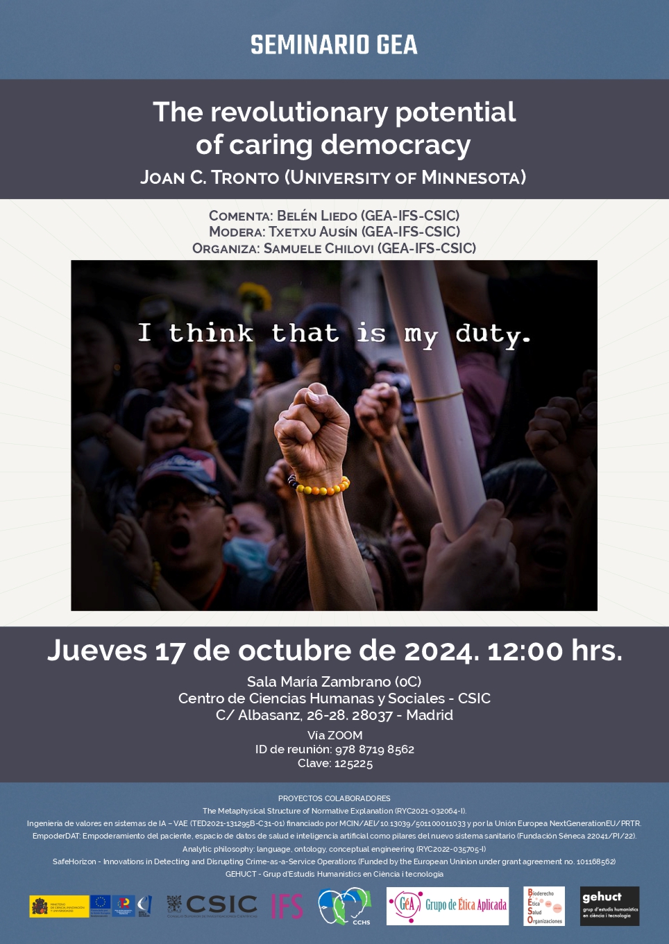 Seminario GEA (Grupo de Ética Aplicada): "The revolutionary potential of caring democracy"