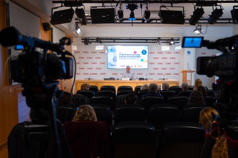 Julio Pérez Díaz (investigador del CSIC) durante la rueda de prensa en el CSIC (24/10/2025)