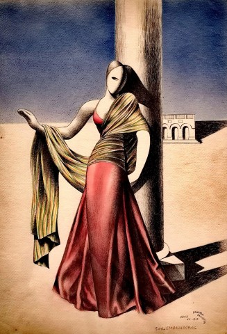 Manuela Ballester, Dibujo de la serie Embajadoras, 1939. CE4/00473, Museo Nacional de Cerámicas y Artes Suntuarias "González Martí", Valencia (España). Manuela Ballester, Dibujo de la serie Embajadoras, 1939. CE4/00473, Museo Nacional de Cerámicas y Artes Suntuarias "González Martí", Valencia (España).